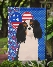 Load image into Gallery viewer, Tricolor Cavalier Spaniel Patriotic Heart Garden Flag – Red, White &amp; Blue Dog Decor with Star Background