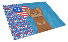 Load image into Gallery viewer, Longhaired Chocolate and Tan Chihuahua USA American Glass Cutting Boards – Durable, Decorative Kitchen Art Large