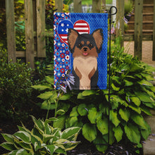 Load image into Gallery viewer, Longhaired Black and Tan Chihuahua Patriotic Heart Garden Flag – Red, White &amp; Blue Dog Decor with Star Background