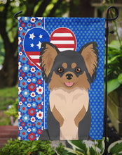 Load image into Gallery viewer, Longhaired Black and Tan Chihuahua Patriotic Heart Garden Flag – Red, White &amp; Blue Dog Decor with Star Background