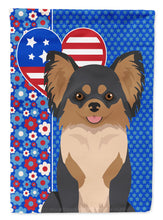 Load image into Gallery viewer, Longhaired Black and Tan Chihuahua Patriotic Heart Garden Flag – Red, White &amp; Blue Dog Decor with Star Background