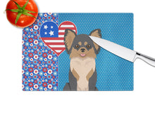 Load image into Gallery viewer, Longhaired Black and Tan Chihuahua USA American Glass Cutting Boards – Durable, Decorative Kitchen Art Large
