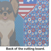 Load image into Gallery viewer, Longhaired Black and Tan Chihuahua USA American Glass Cutting Boards – Durable, Decorative Kitchen Art Large