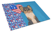 Load image into Gallery viewer, Longhaired Black and Tan Chihuahua USA American Glass Cutting Boards – Durable, Decorative Kitchen Art Large