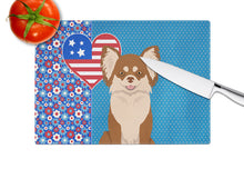 Load image into Gallery viewer, Longhaired Chocolate and White Chihuahua USA American Glass Cutting Boards – Durable, Decorative Kitchen Art Large