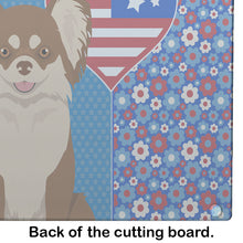 Load image into Gallery viewer, Longhaired Chocolate and White Chihuahua USA American Glass Cutting Boards – Durable, Decorative Kitchen Art Large