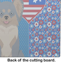 Load image into Gallery viewer, Longhaired Blue and Tan Chihuahua USA American Glass Cutting Boards – Durable, Decorative Kitchen Art Large