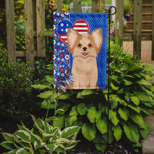 Load image into Gallery viewer, Longhaired Gold and White Chihuahua Patriotic Heart Garden Flag – Red, White &amp; Blue Dog Decor with Star Background