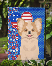 Load image into Gallery viewer, Longhaired Gold and White Chihuahua Patriotic Heart Garden Flag – Red, White &amp; Blue Dog Decor with Star Background