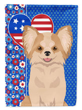 Load image into Gallery viewer, Longhaired Gold and White Chihuahua Patriotic Heart Garden Flag – Red, White &amp; Blue Dog Decor with Star Background