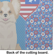 Load image into Gallery viewer, Longhaired Gold and White Chihuahua USA American Glass Cutting Boards – Durable, Decorative Kitchen Art Large