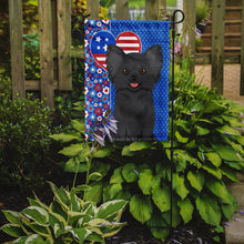 Load image into Gallery viewer, Longhaired Black Chihuahua Patriotic Heart Garden Flag – Red, White &amp; Blue Dog Decor with Star Background