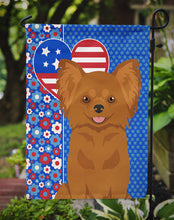 Load image into Gallery viewer, Longhaired Red Chihuahua Patriotic Heart Garden Flag – Red, White &amp; Blue Dog Decor with Star Background
