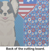 Load image into Gallery viewer, Longhaired Black and White #2 Chihuahua USA American Glass Cutting Boards – Durable, Decorative Kitchen Art Large