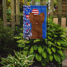 Load image into Gallery viewer, Longhaired Chocolate Chihuahua Patriotic Heart Garden Flag – Red, White &amp; Blue Dog Decor with Star Background