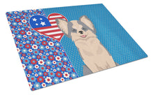 Load image into Gallery viewer, Longhaired Blue and White Chihuahua USA American Glass Cutting Boards – Durable, Decorative Kitchen Art Large