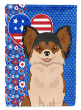 Load image into Gallery viewer, Longhaired Black and Red Chihuahua Patriotic Heart Garden Flag – Red, White &amp; Blue Dog Decor with Star Background