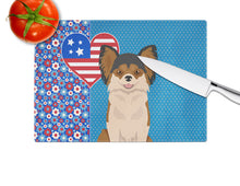 Load image into Gallery viewer, Longhaired Black and Red Chihuahua USA American Glass Cutting Boards – Durable, Decorative Kitchen Art Large