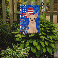 Load image into Gallery viewer, Fawn Chihuahua Patriotic Heart Garden Flag – Red, White &amp; Blue Dog Decor with Star Background