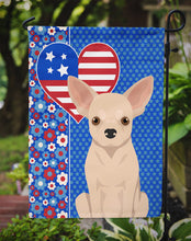 Load image into Gallery viewer, Fawn Chihuahua Patriotic Heart Garden Flag – Red, White &amp; Blue Dog Decor with Star Background