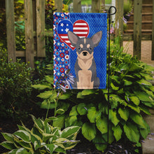 Load image into Gallery viewer, Blue and White Chihuahua Patriotic Heart Garden Flag – Red, White &amp; Blue Dog Decor with Star Background