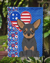 Load image into Gallery viewer, Black and Tan Chihuahua Patriotic Heart Garden Flag – Red, White &amp; Blue Dog Decor with Star Background