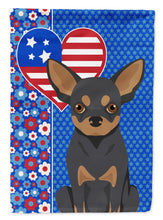 Load image into Gallery viewer, Black and Tan Chihuahua Patriotic Heart Garden Flag – Red, White &amp; Blue Dog Decor with Star Background