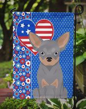 Load image into Gallery viewer, Blue and Tan Chihuahua Patriotic Heart Garden Flag – Red, White &amp; Blue Dog Decor with Star Background