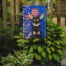 Load image into Gallery viewer, Black and Cream Chihuahua Patriotic Heart Garden Flag – Red, White &amp; Blue Dog Decor with Star Background
