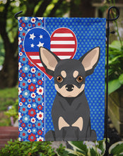 Load image into Gallery viewer, Black and Cream Chihuahua Patriotic Heart Garden Flag – Red, White &amp; Blue Dog Decor with Star Background