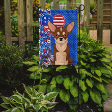 Load image into Gallery viewer, Red and White Chihuahua Patriotic Heart Garden Flag – Red, White &amp; Blue Dog Decor with Star Background