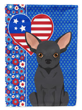 Load image into Gallery viewer, Black Chihuahua Patriotic Heart Garden Flag – Red, White &amp; Blue Dog Decor with Star Background