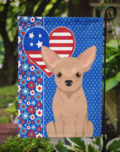 Load image into Gallery viewer, Cream Chihuahua Patriotic Heart Garden Flag – Red, White &amp; Blue Dog Decor with Star Background