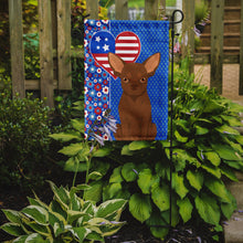 Load image into Gallery viewer, Chocolate Chihuahua Patriotic Heart Garden Flag – Red, White &amp; Blue Dog Decor with Star Background