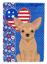 Load image into Gallery viewer, Gold Chihuahua Patriotic Heart Garden Flag – Red, White &amp; Blue Dog Decor with Star Background