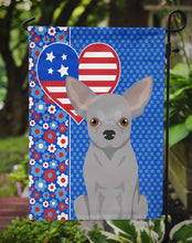 Load image into Gallery viewer, Silver Chihuahua Patriotic Heart Garden Flag – Red, White &amp; Blue Dog Decor with Star Background