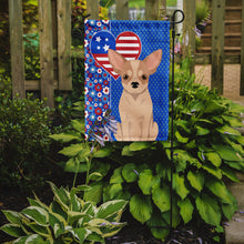 Load image into Gallery viewer, Fawn and White Chihuahua Patriotic Heart Garden Flag – Red, White &amp; Blue Dog Decor with Star Background