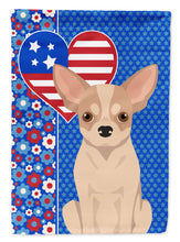Load image into Gallery viewer, Fawn and White Chihuahua Patriotic Heart Garden Flag – Red, White &amp; Blue Dog Decor with Star Background