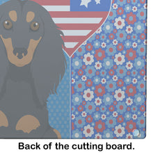 Load image into Gallery viewer, Longhair Black and Tan Dachshund USA American Glass Cutting Boards – Durable, Decorative Kitchen Art Large