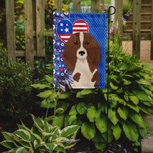 Load image into Gallery viewer, Longhair Red Pedbald Dachshund Patriotic Heart Garden Flag – Red, White &amp; Blue Dog Decor with Star Background