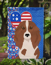 Load image into Gallery viewer, Longhair Red Pedbald Dachshund Patriotic Heart Garden Flag – Red, White &amp; Blue Dog Decor with Star Background