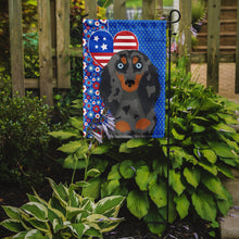 Load image into Gallery viewer, Longhair Blue and Tan Dapple Dachshund Patriotic Heart Garden Flag – Red, White &amp; Blue Dog Decor with Star Background