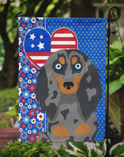 Load image into Gallery viewer, Longhair Blue and Tan Dapple Dachshund Patriotic Heart Garden Flag – Red, White &amp; Blue Dog Decor with Star Background
