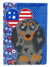 Load image into Gallery viewer, Longhair Blue and Tan Dapple Dachshund Patriotic Heart Garden Flag – Red, White &amp; Blue Dog Decor with Star Background