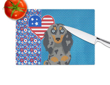 Load image into Gallery viewer, Longhair Blue and Tan Dapple Dachshund USA American Glass Cutting Boards – Durable, Decorative Kitchen Art Large