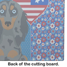 Load image into Gallery viewer, Longhair Blue and Tan Dapple Dachshund USA American Glass Cutting Boards – Durable, Decorative Kitchen Art Large