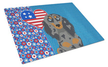 Load image into Gallery viewer, Longhair Blue and Tan Dapple Dachshund USA American Glass Cutting Boards – Durable, Decorative Kitchen Art Large
