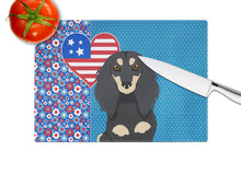 Load image into Gallery viewer, Longhair Black and Cream Dachshund USA American Glass Cutting Boards – Durable, Decorative Kitchen Art Large