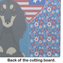 Load image into Gallery viewer, Longhair Black and Cream Dachshund USA American Glass Cutting Boards – Durable, Decorative Kitchen Art Large