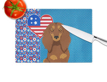 Load image into Gallery viewer, Longhair Chocolate and Tan Dachshund USA American Glass Cutting Boards – Durable, Decorative Kitchen Art Large